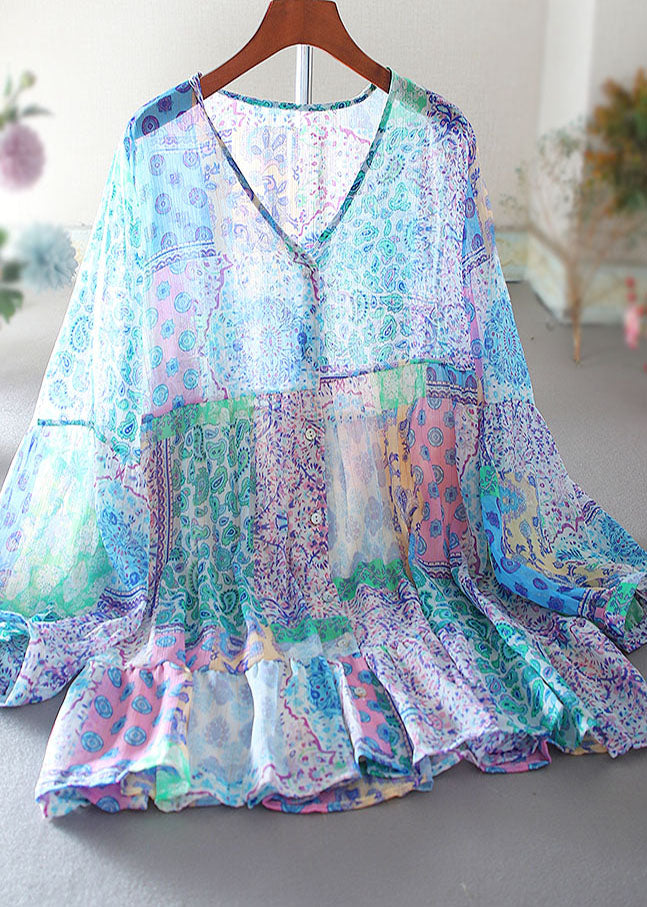 Beautiful Blue Oversized Print Cotton Shirt Tops Spring