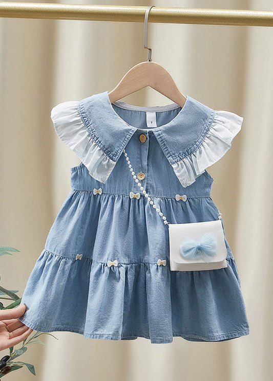 Beautiful Blue Ruffle Patchwork Kids Denim Dress Summer