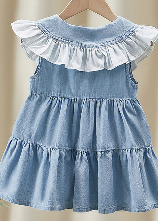 Beautiful Blue Ruffle Patchwork Kids Denim Dress Summer