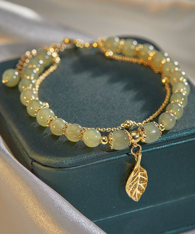 Beautiful Green 18K Gold Inlaid Jade Zircon Leaf Charm Bracelet