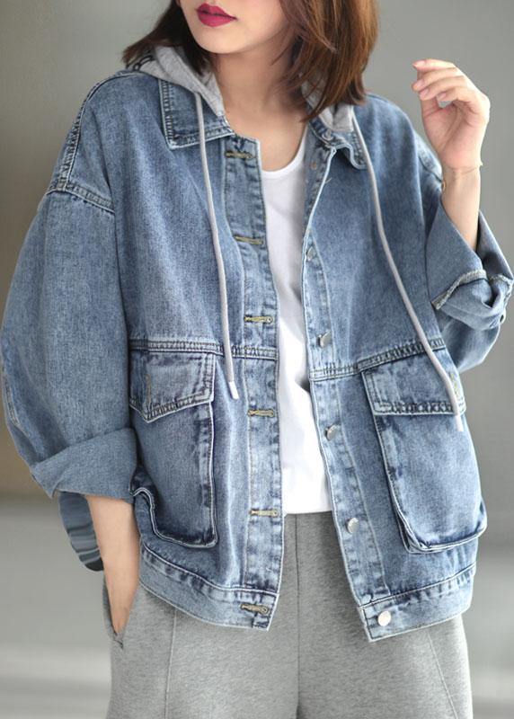 Light Denim Pocket Button Hooded  Autumn Long Sleeve Coat