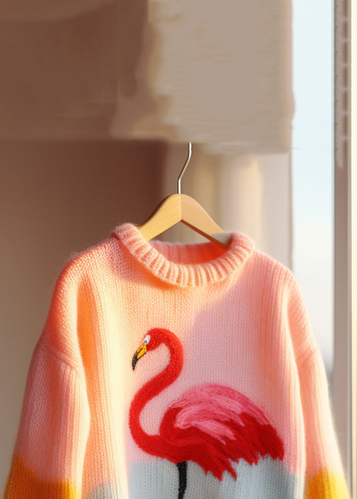 Beautiful Pink O Neck Patchwork Knit Sweaters Fall