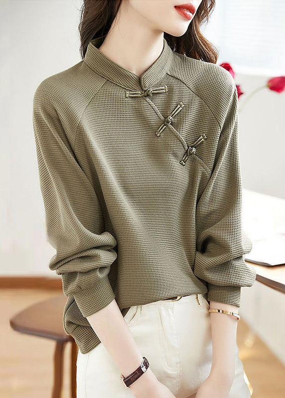 Beautiful Stand Collar Green Button Patchwork Cotton Top Fall