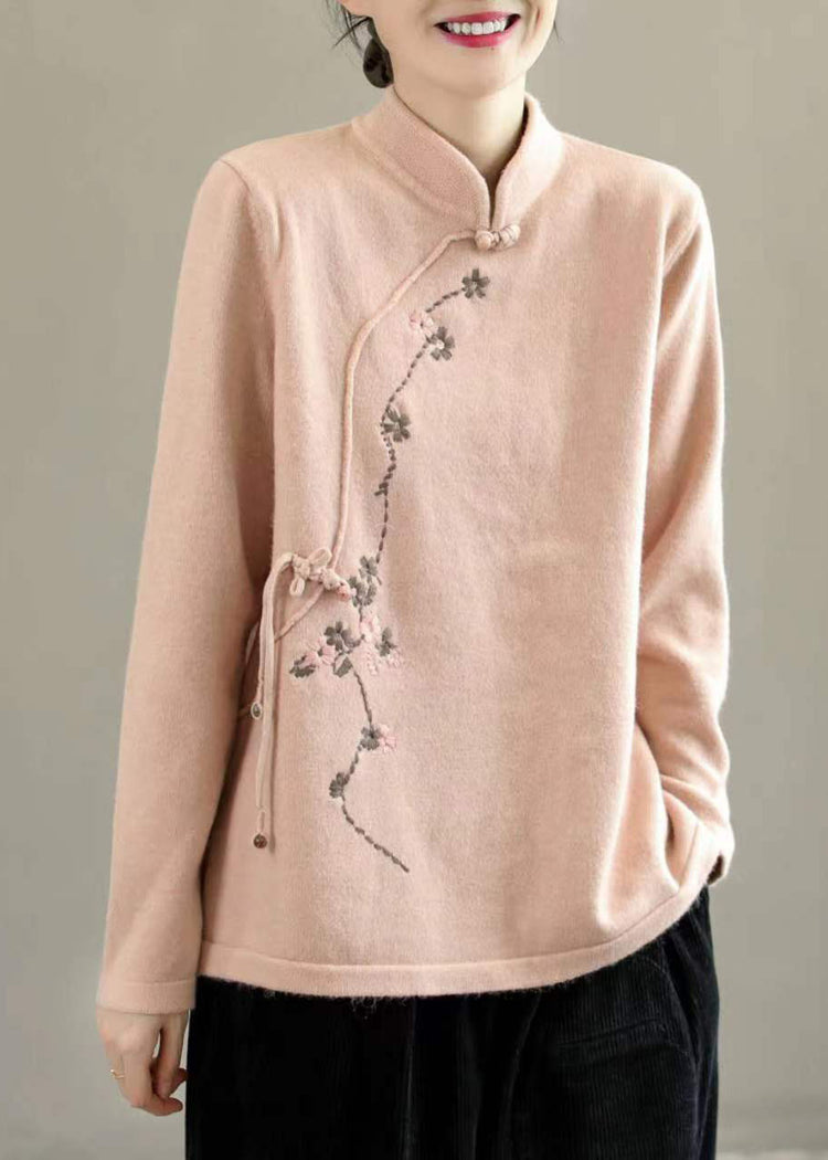 Beautiful Beige Stand Collar Embroideried Chinese Style Knit Tops Spring