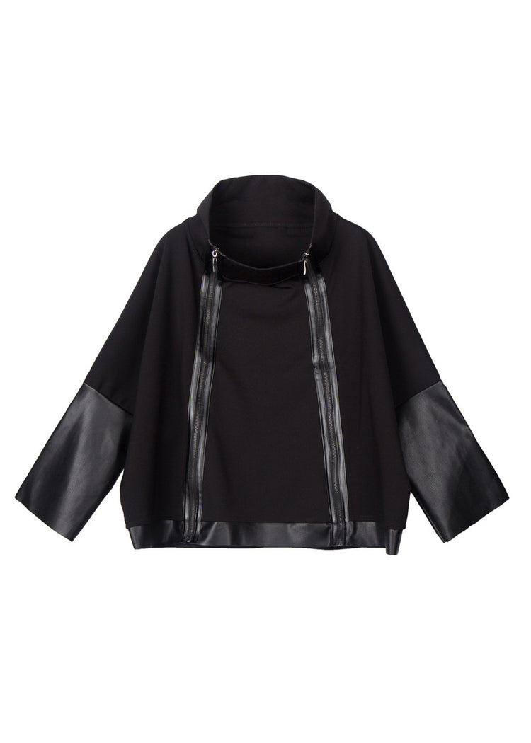 Black Stand Collar Zip Faux Leather Coat Long Sleeves