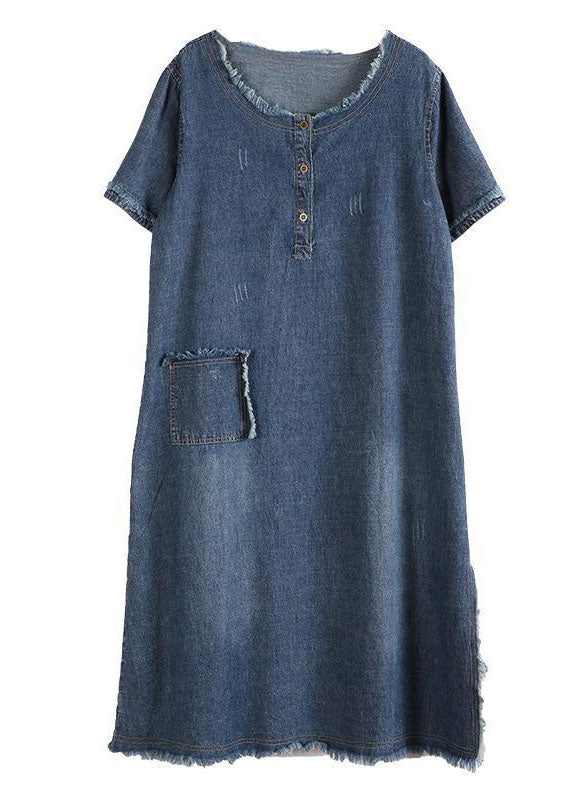 Beautiful Blue Pockets Button Fall Denim Short Sleeve Party Dress