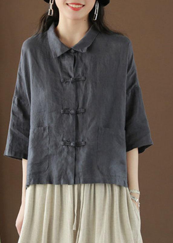 Beautiful Green Peter Pan Collar Pockets Summer Linen top