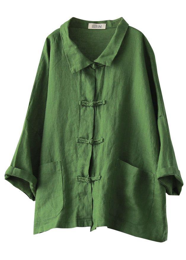 Beautiful Green Peter Pan Collar Pockets Summer Linen top