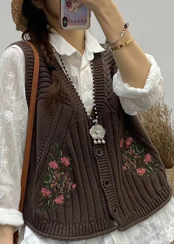 Beautiful Green V Neck Embroidered Knit Vest Fall