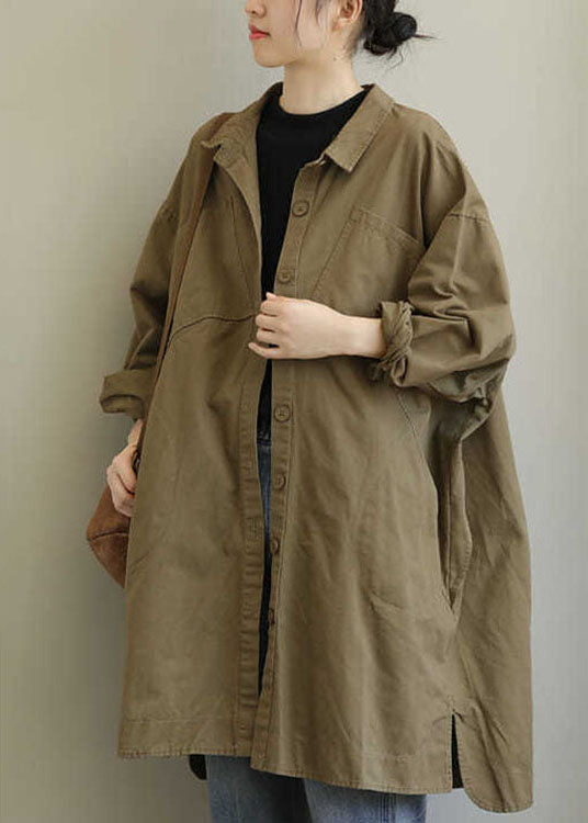 Beautiful Khaki Peter Pan Collar Pockets Button Cotton Long Sleeve Trench Coat