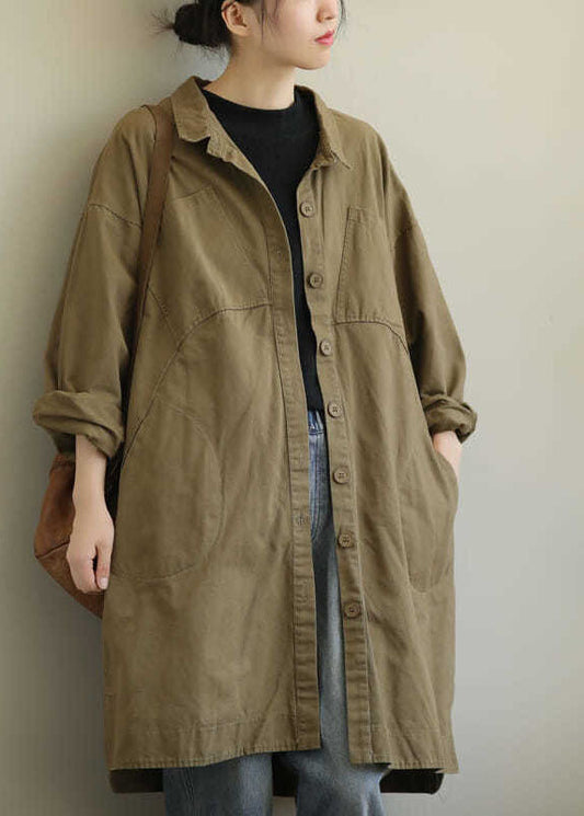 Beautiful Khaki Peter Pan Collar Pockets Button Cotton Long Sleeve Trench Coat