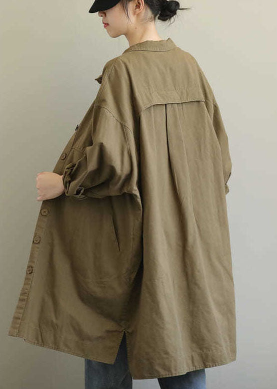 Beautiful Khaki Peter Pan Collar Pockets Button Cotton Long Sleeve Trench Coat