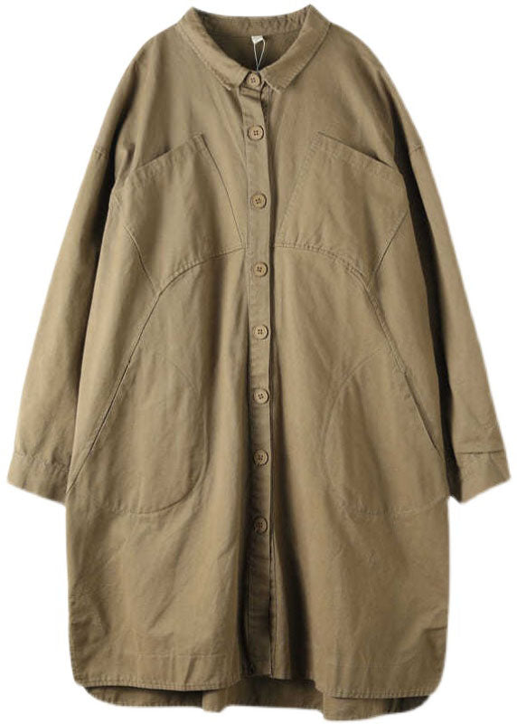 Beautiful Khaki Peter Pan Collar Pockets Button Cotton Long Sleeve Trench Coat