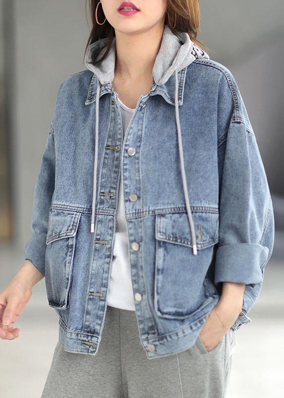 Light Denim Pocket Button Hooded  Autumn Long Sleeve Coat