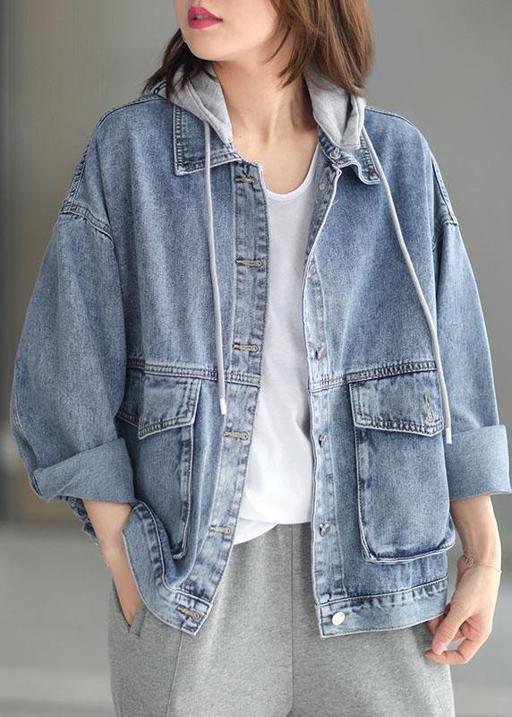 Light Denim Pocket Button Hooded  Autumn Long Sleeve Coat