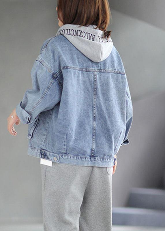 Light Denim Pocket Button Hooded  Autumn Long Sleeve Coat