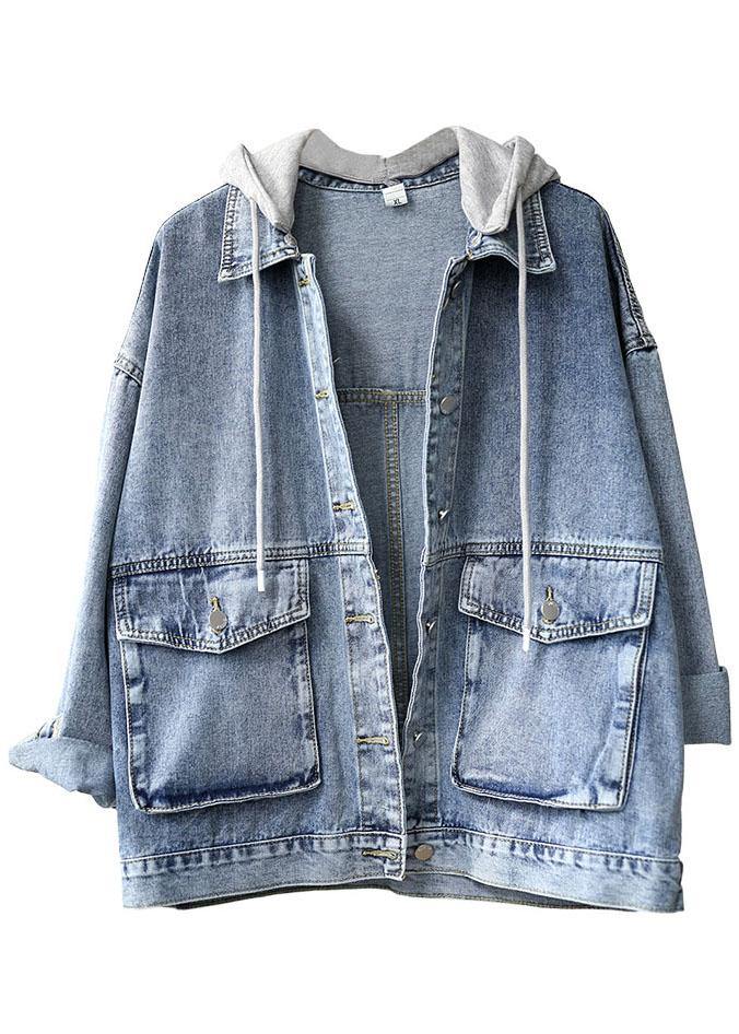 Light Denim Pocket Button Hooded  Autumn Long Sleeve Coat