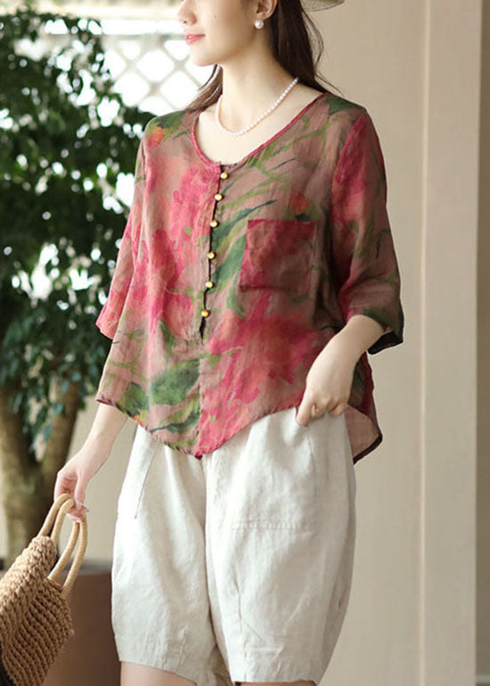 Beautiful Rose O Neck Print Button Patchwork Linen Blouses Tops Summer