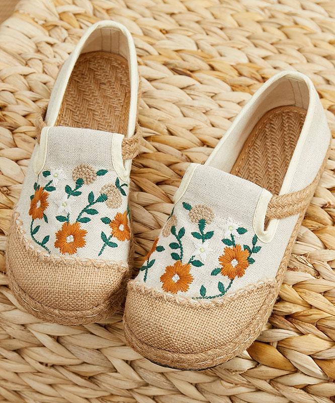 Beige Embroideried Linen Fabric Flats