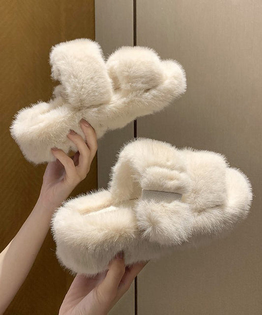 Beige Fuzzy Fur Slippers Shoes Splicing Platform Peep Toe