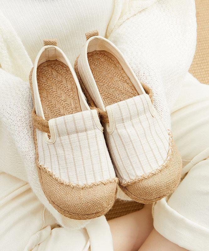 Beige Striped Cotton Linen Flat Flat Shoes For Women