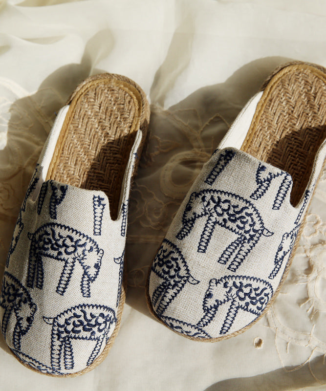 Beige Cotton Fabric Comfy Embroideried Slide Sandals