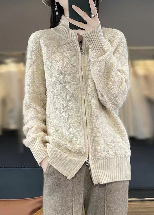 Beige Cozy Patchwork Wool Coats Stand Collar Long Sleeve