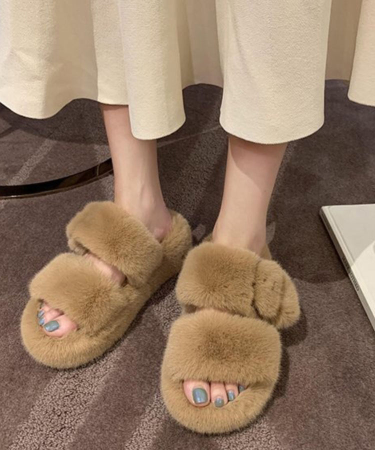 Beige Fuzzy Fur Slippers Shoes Splicing Platform Peep Toe