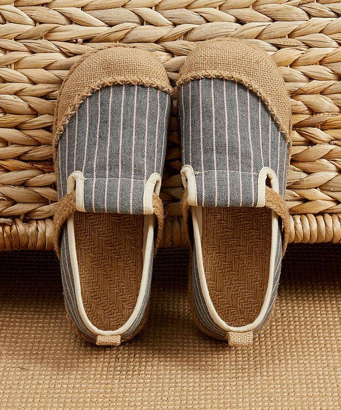 Beige Striped Cotton Linen Flat Flat Shoes For Women