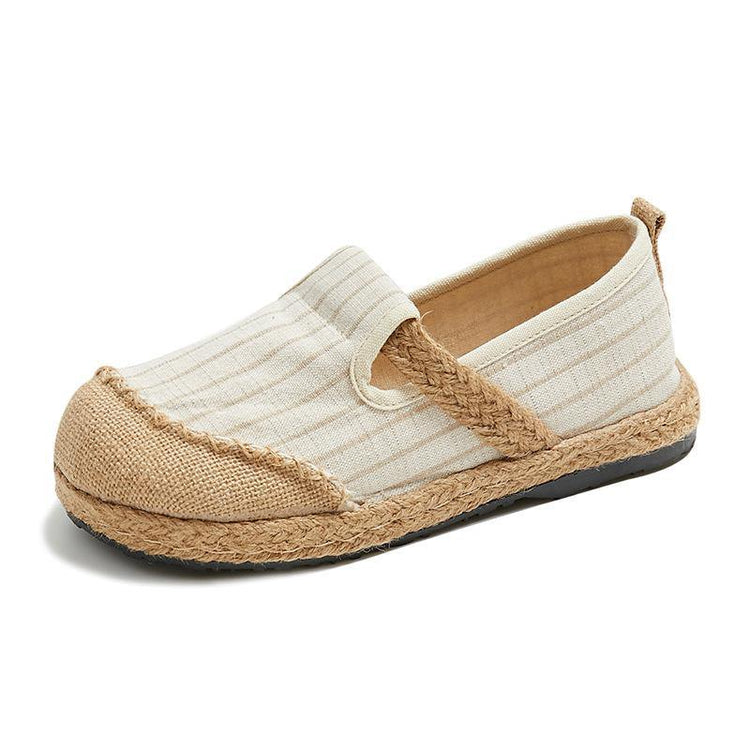 Beige Striped Cotton Linen Flat Flat Shoes For Women