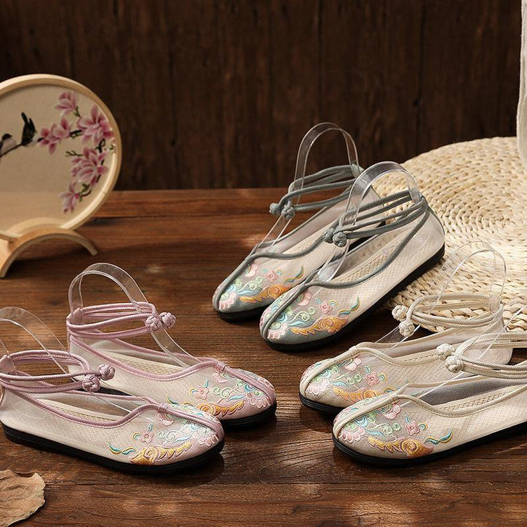 Beige Embroidered Tulle Orient Flats Shoes