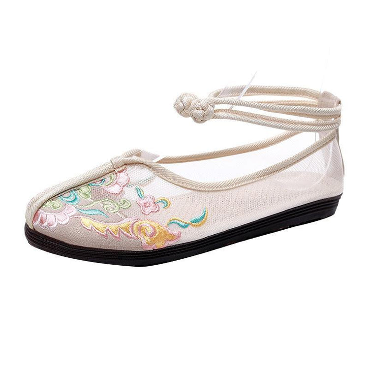 Beige Embroidered Tulle Orient Flats Shoes