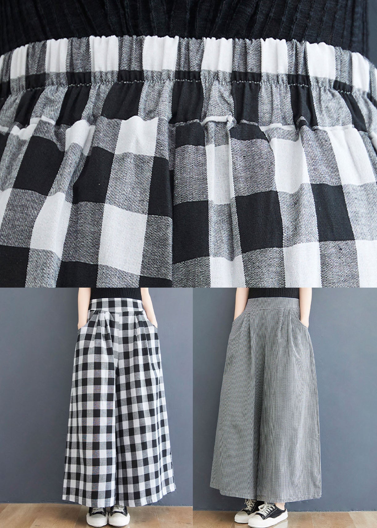 Handmade big plaid patchwork cotton straight-leg summer pants