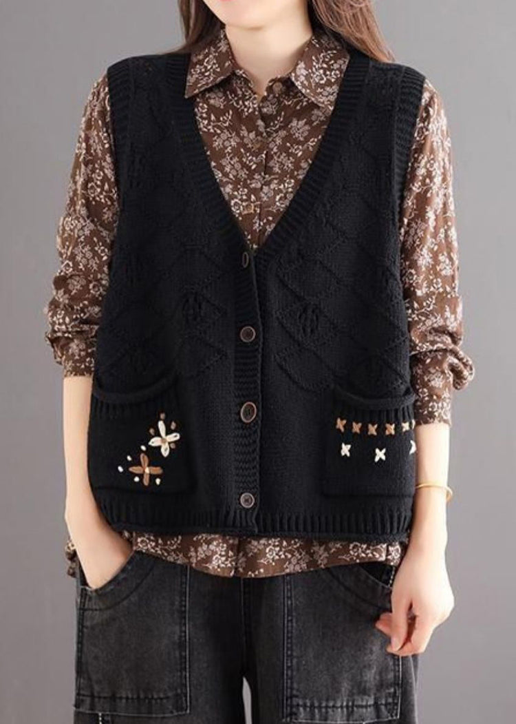 Black Button Patchwork Cozy Cotton Knit Waistcoat V Neck Fall