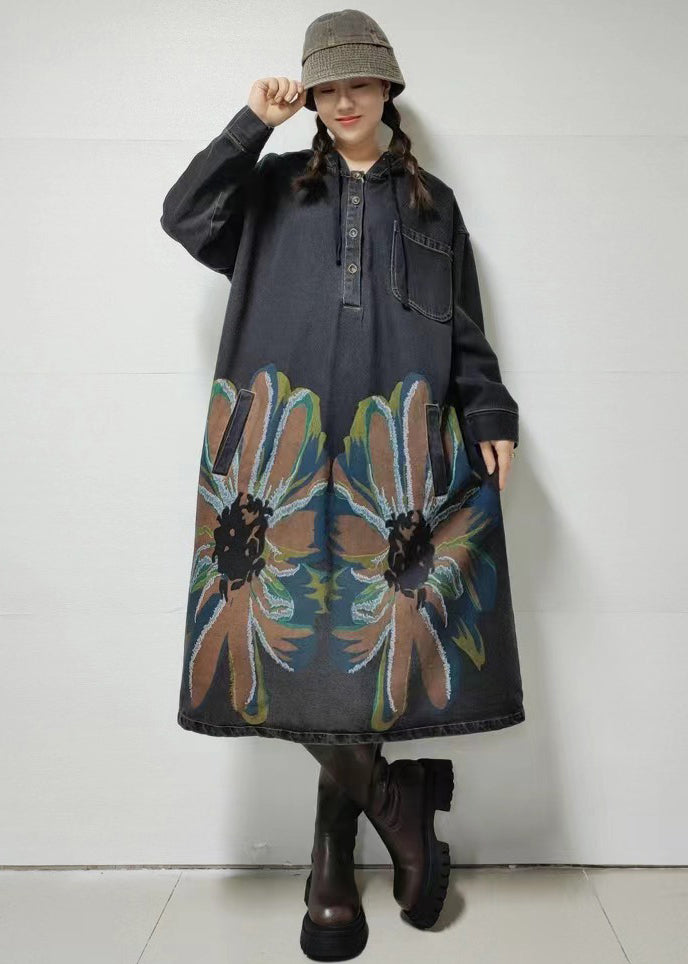 Black Button Pockets Denim Dress Hooded Fall