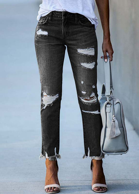 Summer black high waist denim ripped pants