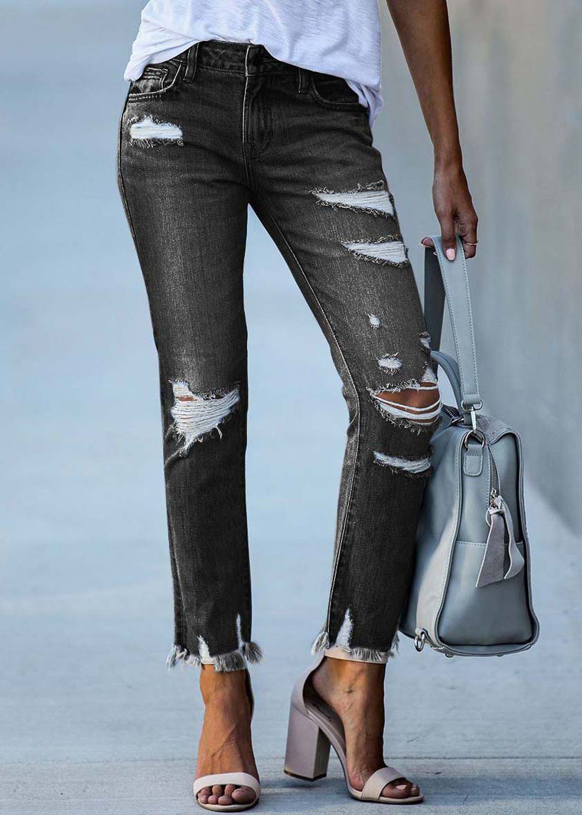 Summer black high waist denim ripped pants