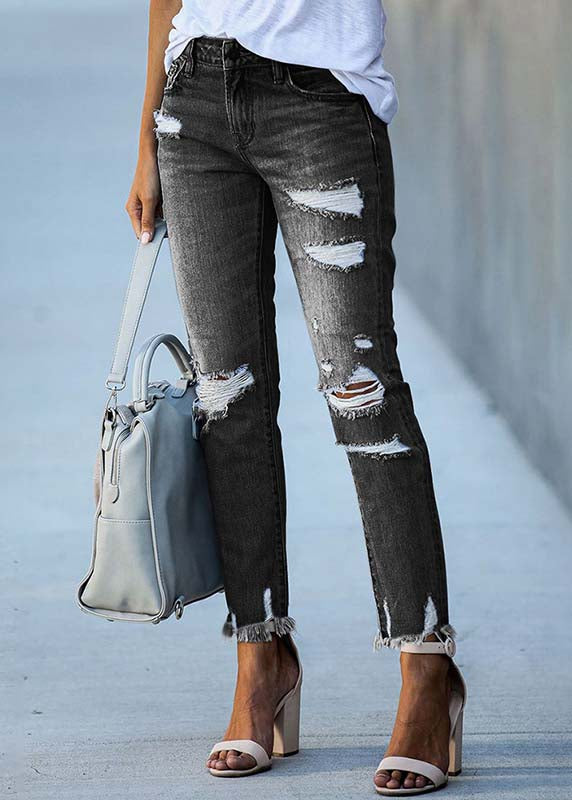 Summer black high waist denim ripped pants