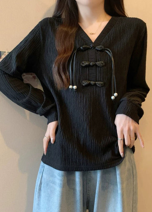 Black Patchwork Cotton Shirt Top V Neck Tassel Fall