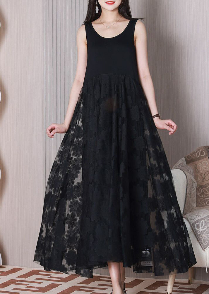 O-Neck Casual Black Patchwork Lace Ankle Sleeveless Dress