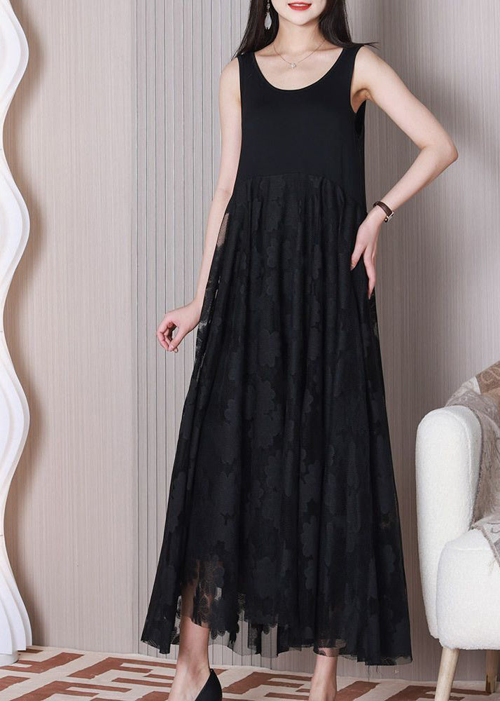 O-Neck Casual Black Patchwork Lace Ankle Sleeveless Dress