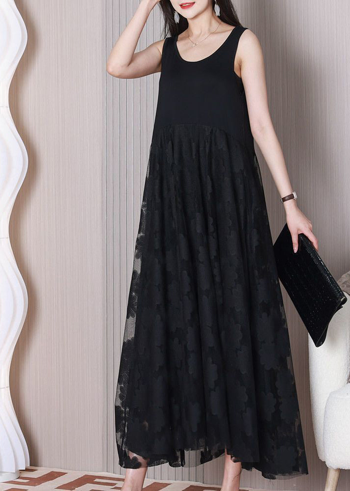 O-Neck Casual Black Patchwork Lace Ankle Sleeveless Dress