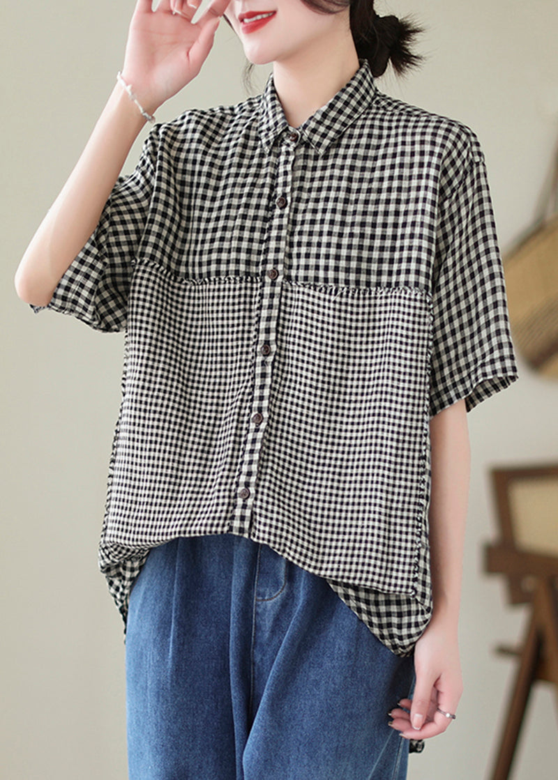 Summer Black Oversized Plaid Patchwork Linen Blouse Top