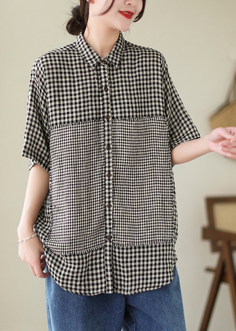 Summer Black Oversized Plaid Patchwork Linen Blouse Top