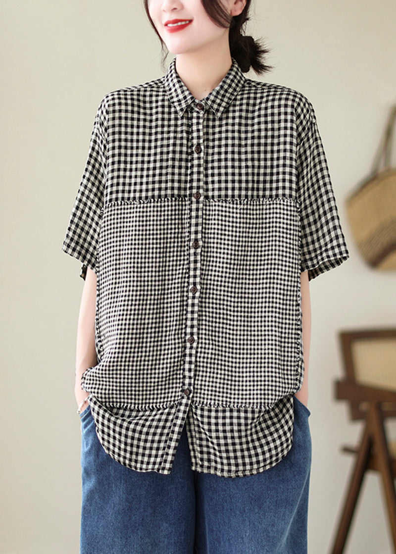 Summer Black Oversized Plaid Patchwork Linen Blouse Top