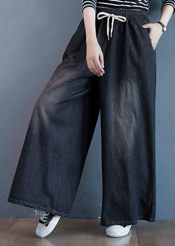 Black Pockets Patchwork Stretch Wide Leg Denim Pants Spring