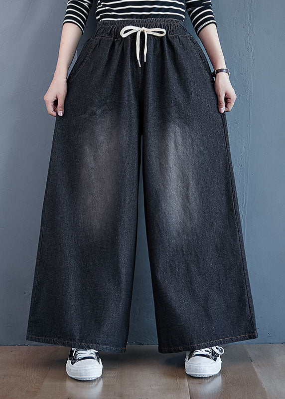 Black Pockets Patchwork Stretch Wide Leg Denim Pants Spring