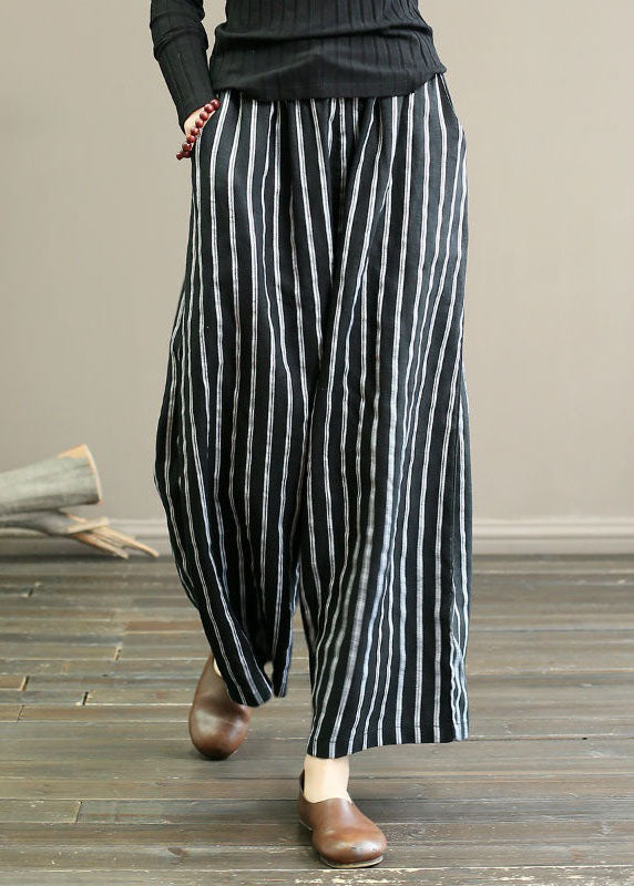 Summer Black Linen Pocket Stripe Straight Leg Pants