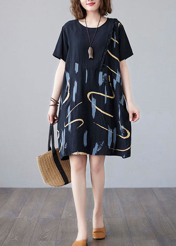 O Neck Black Printed Patchwork Cotton Women's Mid Dress Summer