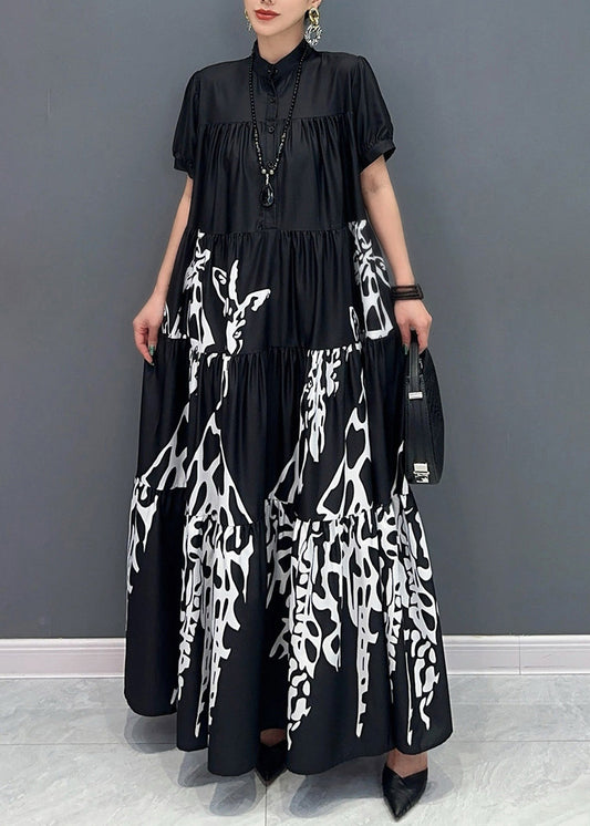 Black Stand Collar Button Maxi Dress Short Sleeve